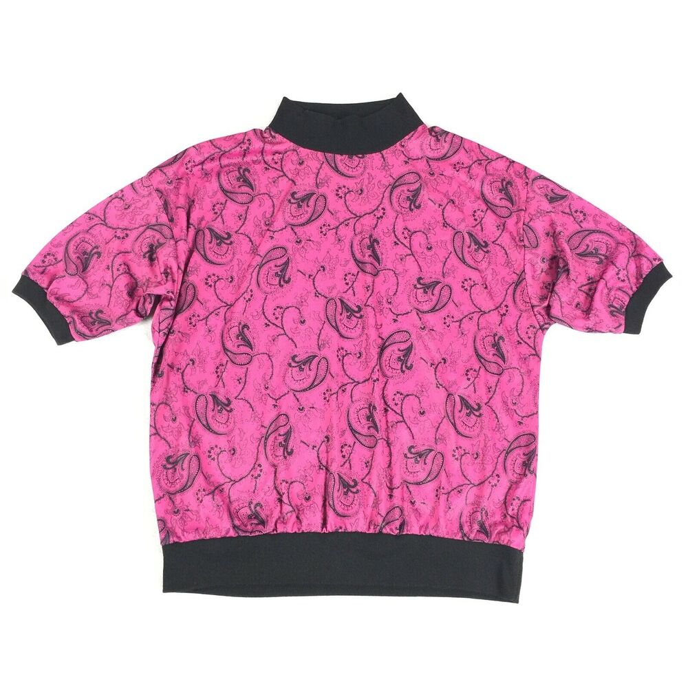 Vintage Act III Paisley Print Blouse Size Large Pink Black Mock Neck Top L VTG
